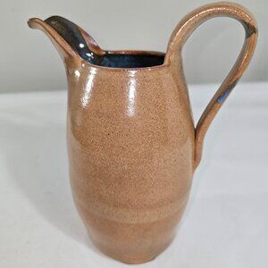 Vtg Studio Pottery Pitcher Bridge Handle Stoneware Ewer Cobalt Blue Glaze Signed
